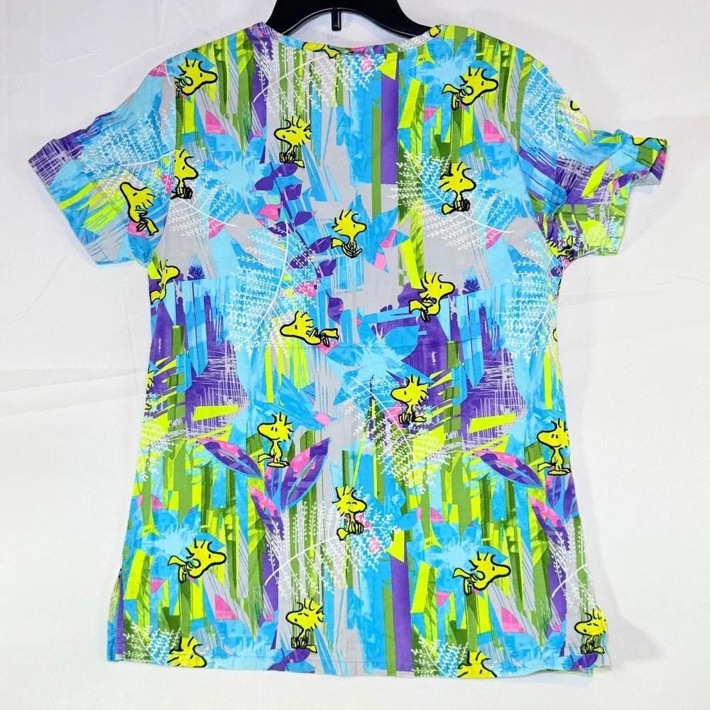 PEANUTS‎ Woodstock Cartoon Print Scrub Top Size XS V-Neck Pockets